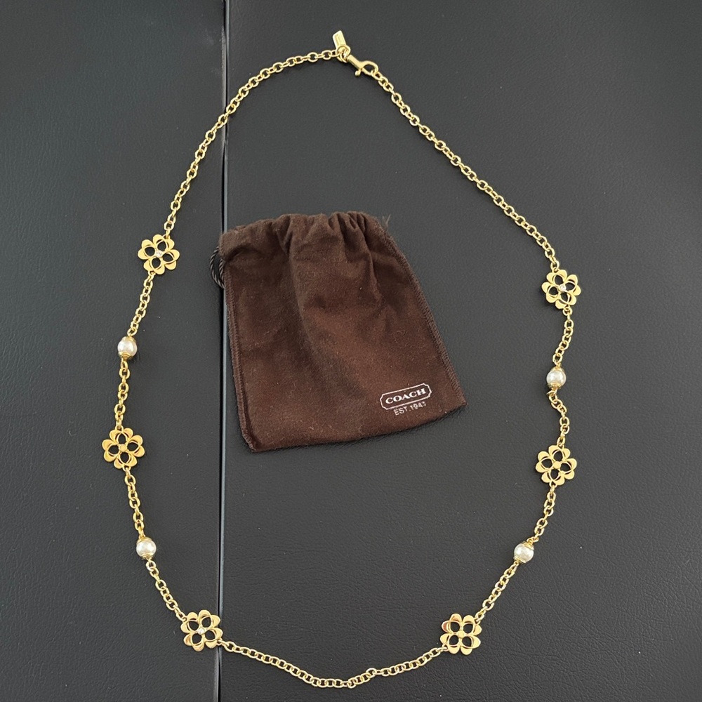 Coach Gold Floral Necklace with Pearl Accents